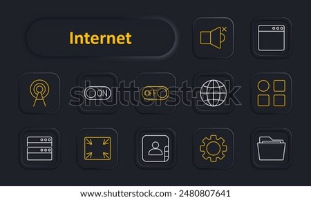 Internet set icon. Router, on-off switch, browser, globe, user profile, network, settings, folder. Connectivity, digital services, web concept.