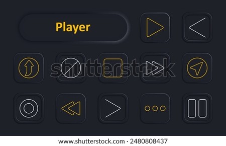 Player set icon. Play, pause, stop, fast forward, rewind, next, previous, arrow, record, menu, direction, navigation. Media controls, user interface, multimedia concept.