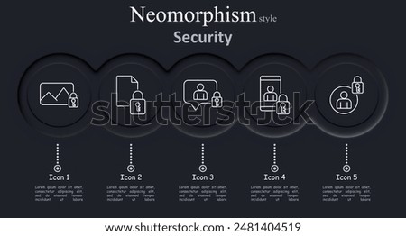 Security set icon. Photo lock, document lock, chat, user, network, privacy, protection, data, encryption, safety, digital, vector, illustration, neomorphism, icons.