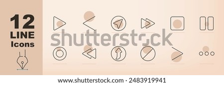 Media control set icon. Play, pause, stop, record, forward, backward, next, previous, shuffle, repeat, eject, menu, media player, audio, video, navigation, music control, multimedia interface.