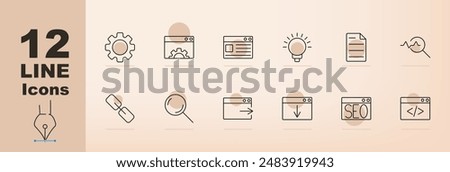 Web development set icon. Gear, browser, website, light bulb, document, analytics, chain link, magnifying glass, download, SEO, code, web development tools, internet technology, online optimization