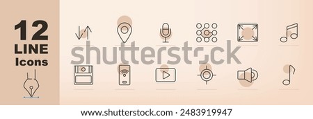 Media and entertainment set icon. Chart, location pin, microphone, network, expand, music note, camera, wifi, play button, focus, speaker, media technology, audio visual, broadcast services