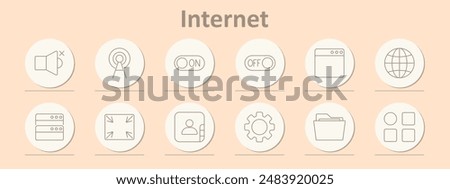 Internet set icon. Mute, antenna, on, off, browser, globe, server, profile, gear, folder, apps. Suitable for online services, web browsing tools, internet connectivity, digital network configurations.