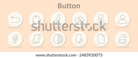 Button icons set. Return arrow, recycling, lightning, cloud upload, lock, user, microphone mute, phone rotation, half circle, person, document, memory card. Line icons on beige background.