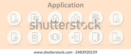 Application icons set. Calendar, photo, star, bell, text, shield, location, puzzle, sync, send, edit, upload. Line icons on beige background