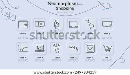 Shopping icon set in neomorphism style. Wallet, TV, smartwatch, laptop, pointer, monitor, graph, email, touchscreen, barcode scanner, check mark, shopping cart, vector line art