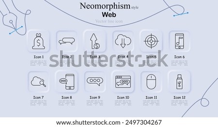 Web icon set in neomorphism style. Money bag, speech bubble, upload, download, mobile phone, cloud storage, search, conversation, chat, web browser, mouse, USB drive, vector line art