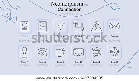 Connection icon set in neomorphism style. ID card, checklist, Wi-Fi off, router, alert, radar, padlock, Wi-Fi signal, monitor, web settings, global connection, vector line art