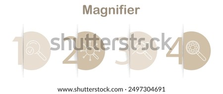 Magnifying tools line icons. Magnifier with checkmark, network, arrow growth, user search, search bar, cube search, simple magnifier, magnifier with eye, clipboard, info search, mobile magnifier