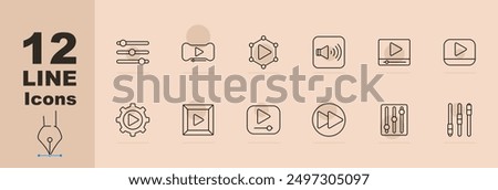 Multimedia set icon. Adjust sliders, play button, play network, volume, video player, media control, video file, play gear, play screen, media equalizer, audio cables