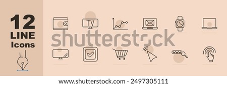 Digital device set icon. Wallet, TV, graph, email, smartwatch, laptop, desktop monitor, checkmark, shopping cart, arrow cursor, password, touch screen