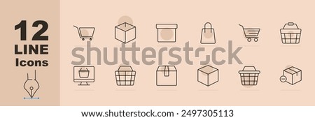 Shopping icons set. Shopping cart, product box, shopping bag, basket, ecommerce package, wallet, add to cart, remove from cart, online shopping, discount, verified package