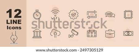 Internet security set icon. Stopwatch, wifi, cogwheel with checkmark, sync arrows, chat bubble, microchip, courthouse, cloud upload, CCTV camera, calendar, briefcase, money