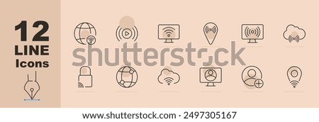 Global connectivity set icon. Globe with wifi, antenna, computer screen, location pin, cloud network, user with wifi, global network, user with add, map.