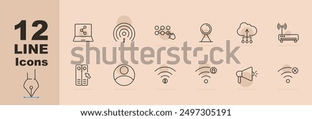 Connection set icon. Laptop network, wifi alert, nodes with cursor, radar, cloud upload, router, server, user, wifi warning, locked signal, megaphone, disconnected signal