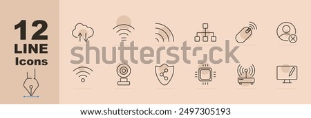 Networking set icon. Cloud data, wireless signals, network hierarchy, wireless mouse, user removal, wifi symbol, webcam, connected shield, chip, wireless router, computer screen