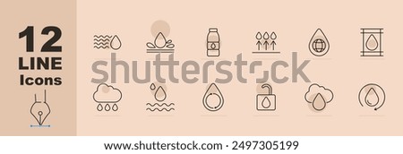 Water icons set. Water bottle, car with drop, treatment plant, H2O formula, water gear, thermometer, no sign, tap, truck