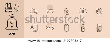 Web icons set. Money bag, cloud search, chat bubble, upload, download, target, smartphone chat, computer mouse, USB drive, music app. Linear web illustrations