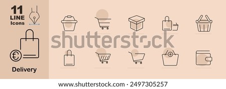 Shopping and delivery icons set. Shopping bag with euro sign, basket, shopping cart, delivery box, package, shopping bag with money, product box, add to cart, wallet. Linear e-commerce