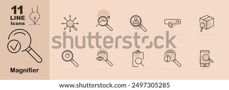 Magnifying tools line icons. Magnifier with checkmark, network, arrow growth, user search, search bar, cube search, simple magnifier, magnifier with eye, clipboard, info search, mobile magnifier