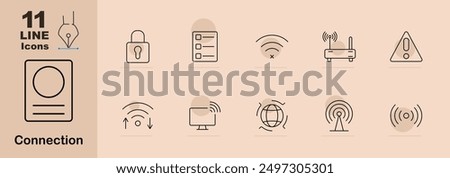 Connection set icon. Lock, checklist, wifi off, router, warning, wifi signal, upload, monitor, globe, antenna, technology, security, internet, network, digital, online, data, wireless, alert, web