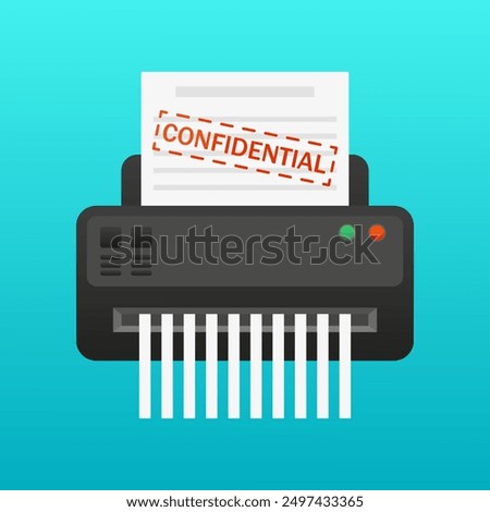 Paper shredder. Sheet with the inscription confidential. Destroy secret documents, office equipment, device, black accounting, carry out fraudulent activities, fraud, protection, unauthorized access