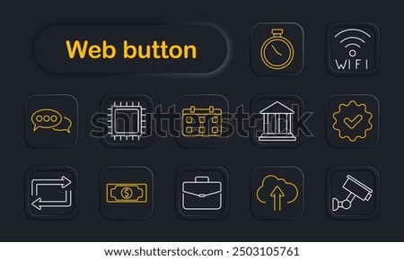 Web button set icon. Chat, chip, calendar, bank, briefcase, money, cloud upload, Wi-Fi, security, stopwatch, CCTV, refresh, finance, schedule, communication.