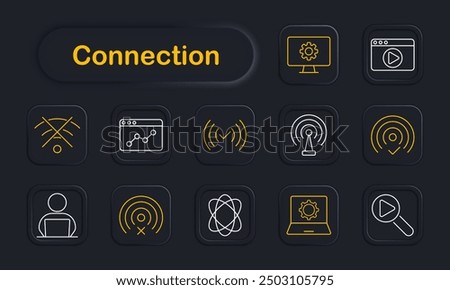 Connection set icon. Wi-Fi, signal, analytics, settings, browser, radar, science, laptop, search, configuration, interface, wireless, networking, web, data.