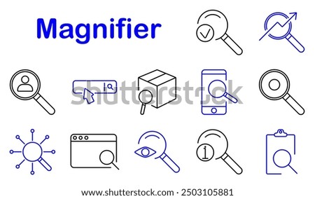 Magnifier set icon. Search, user, verification, analysis, zoom, information, box, mobile search, digital, exploration, discovery, data, web, inspection, magnifying glass, tool, inquiry, research.