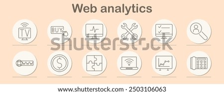 Web analytics set icon. TV, purchase, statistics, tools, checklist, search, domain, dollar, puzzle, wireless, graph, marketing, finance, optimization, analysis, digital, internet, e-commerce