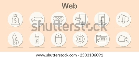 Web set icon. Money bag, speech bubble, upload, download, target, mobile, cloud, search, chat, mouse, USB, online, internet, communication, digital, data, web, networking.