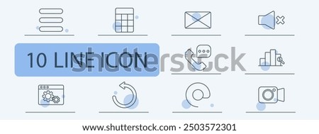 Sound off, envelope, phone call, settings, data chart, browser, analytics, sync, multimedia, communication, interface, notification, interaction, digital, online.