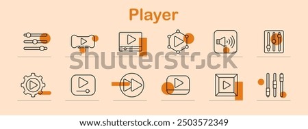 Player set icon Audio controls, play button, playlist, speaker, settings, media player, equalizer, volume, sound, interface, music, video, streaming, playback, sound control, multimedia, entertainment