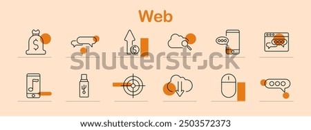 Web set icon. Money bag, search, upload, cloud, communication, chat, mobile, target, USB, cloud download, mouse, internet, technology, business, online, digital, analytics, security, network.