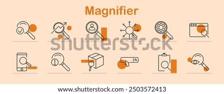 Magnifier set icon. Search, analysis, zoom, research, user, gear, interface, mobile, information, identification, explore, investigation, details, inspect, data, inquiry.