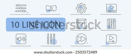 Media control set icon. Settings, play, video, audio, sliders, sound, adjustment, control, equalizer, interface, media, multimedia, entertainment, playback, digital, user experience.