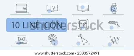 Web analytics set icon. TV, buy, URL, search, wifi, checklist, telephone, tools, chart, puzzle, coin, monitor, ecommerce, digital, tech, internet, online, connection, media, marketing.