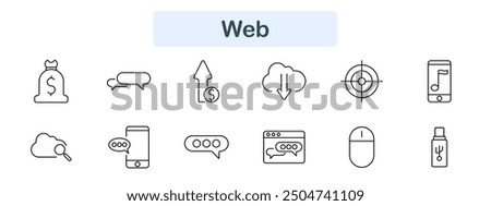 Web set icon. Money bag, speech bubble, upload, download, target, mobile, cloud, search, chat, mouse, USB, online, internet, communication, digital, data, web, networking.