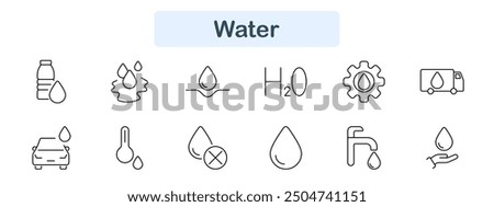 Water set icon. Droplet, bottle, wave, H2O, truck, hand, faucet, temperature, car, liquid, drink, flow, hydration, drop, symbol, digital, online, environment, resource, clean.