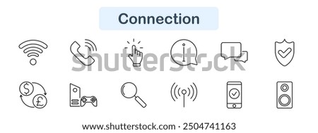 Connection set icon. Wifi, phone, click, info, chat, shield, currency, controller, search, antenna, mobile, tech, online, network, internet, digital, wireless, communication, gaming, signal.