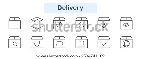 Delivery set icon. Package, tracking, return, location, view, search, security, arrow, check, upload, digital, shipping, logistics, online, commerce, transport, order, parcel, box, shipment.