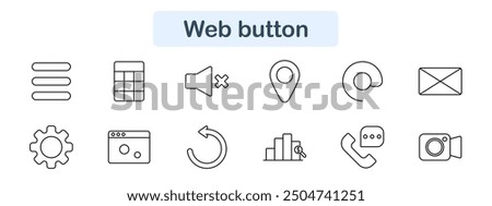 Web button set icon. Menu, grid, mute, location, circle, mail, settings, browser, refresh, stats, call, video, interface, navigation, control, option, click, digital, web, tech.