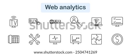 Web analytics set icon. TV, buy, URL, search, wifi, checklist, telephone, tools, chart, puzzle, coin, monitor, ecommerce, digital, tech, internet, online, connection, media, marketing.