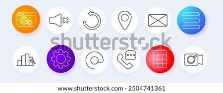 Web development set icon. Browser, mute, refresh, location, email, menu, analytics, gear, search, phone, video, vector, graphic, technology.