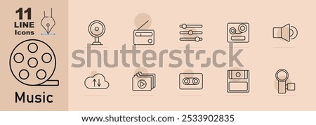 Music set icon. Film reel, hard drive, cloud sync, speaker, camera, radio, cassette, folder with video, control sliders, tape recorder.