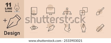 Design set icon. Pen nib, computer screen, hierarchy chart, plus box, paintbrush, eye, color selection, pen tool, alert, ruler, tool