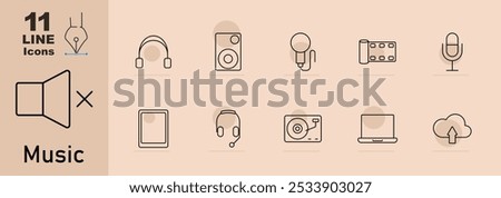 Music set icon. Headphones, speaker, microphone, audio reel, sound off, tablet, headset, turntable, laptop, music note upload, studio mic