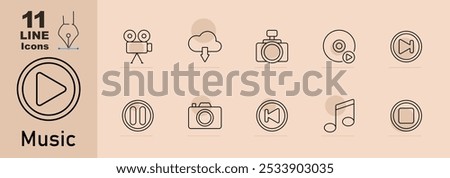 Music set icon. Play, video camera, download, camera, CD with play button, next, pause, photo, rewind, note, stop. Suitable for media, entertainment, and sound systems