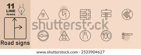 Road signs set icon. T-junction, intersection, road narrowing, directional sign, left arrow, no crossing, lane merge, speed limit, barrier