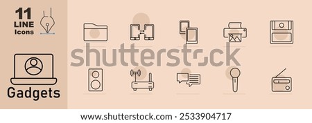 Gadgets set icon. Folder, smartphones sharing, tablet, printer, hard drive, speakers, router, speech bubbles, microphone, radio